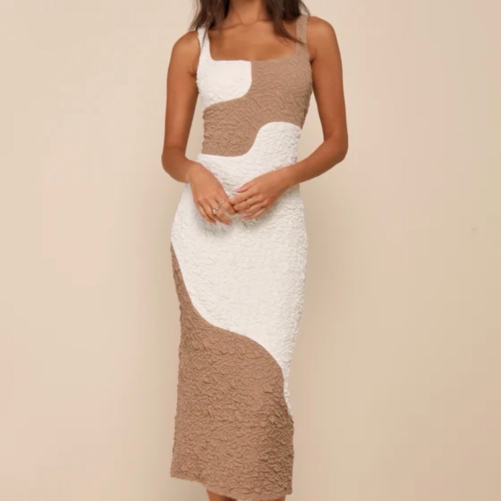 Lulu's Chic Instantly Adored Taupe and Cream Color Block Textured Midi Dress